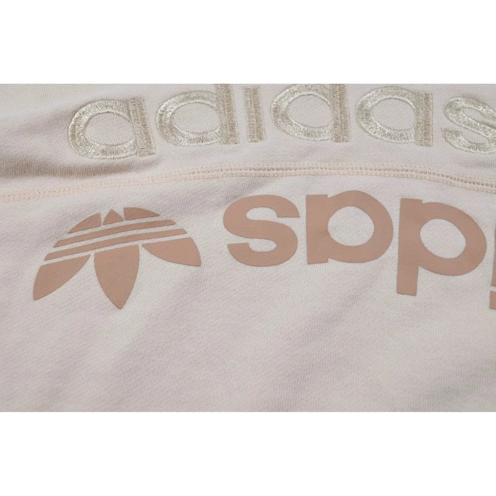 Adidas‎ Women's L Oversized Beige Cropped Hoodie Pullover Sweatshirt Logo